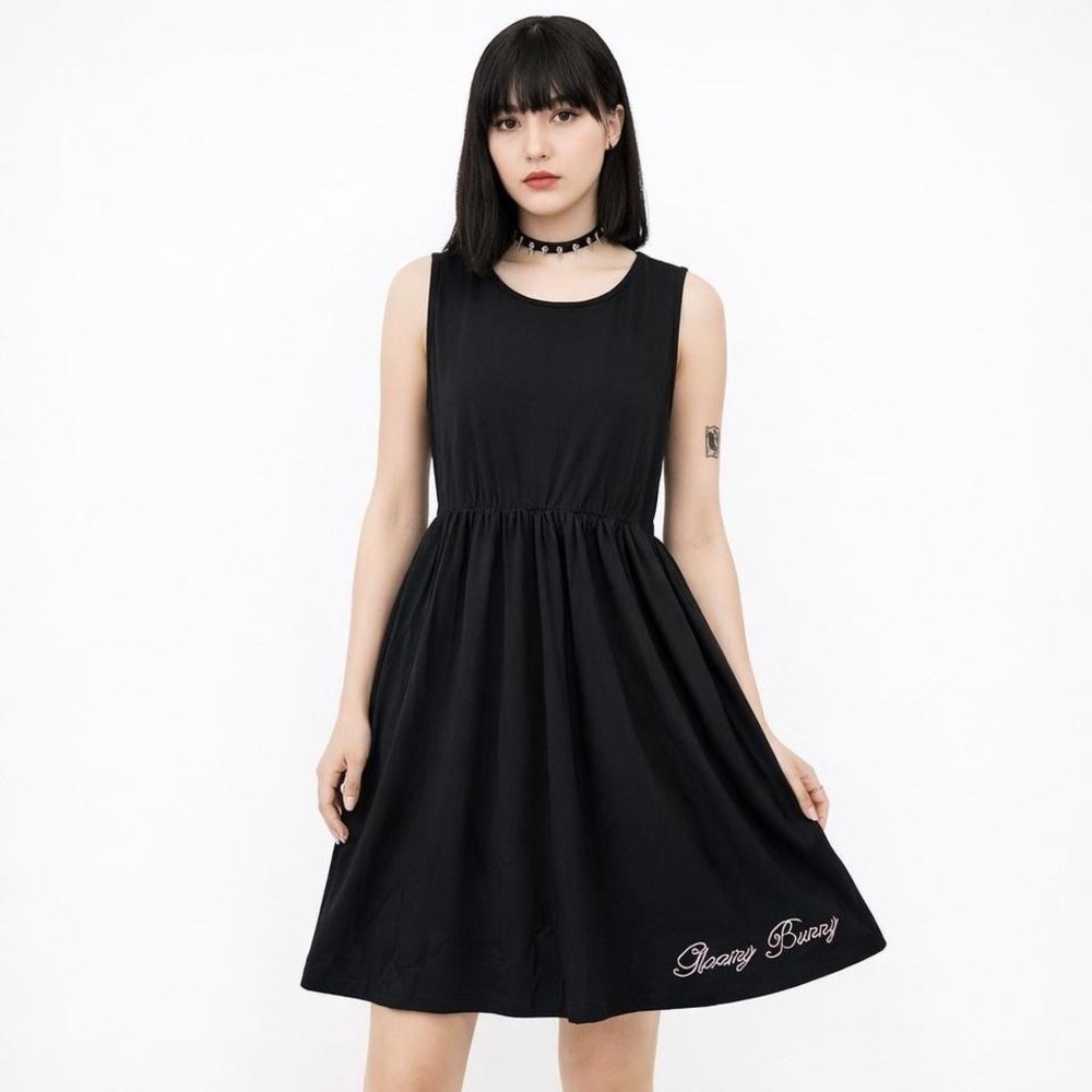 Black gloomy burry babydoll‎ dress with pink embroidery size large 32"L 29"